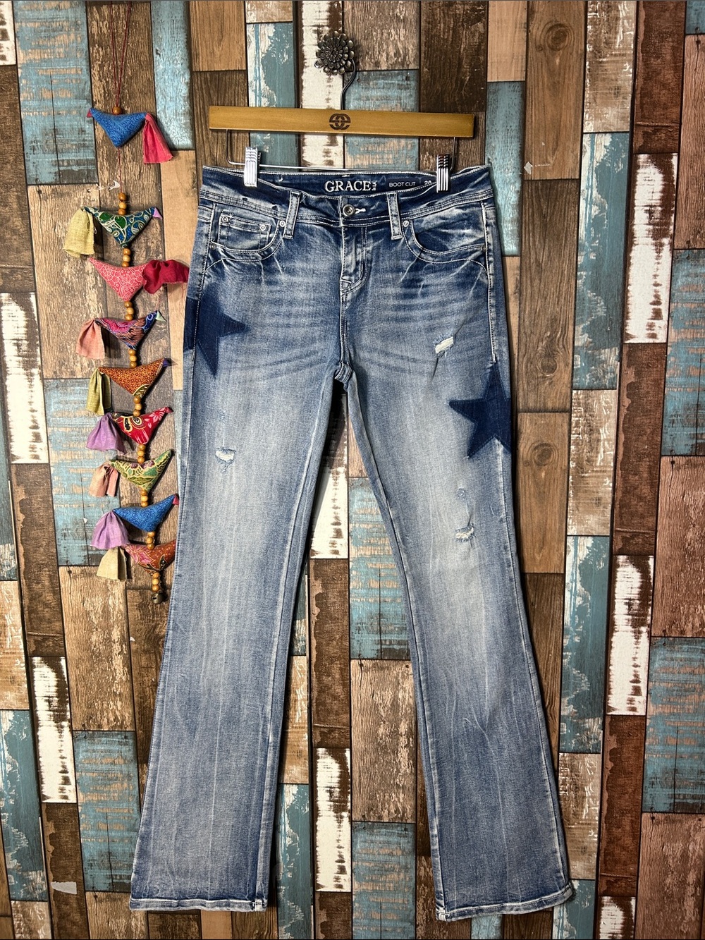 Grace in LA Light Blue Star Accent Bootcut Jeans